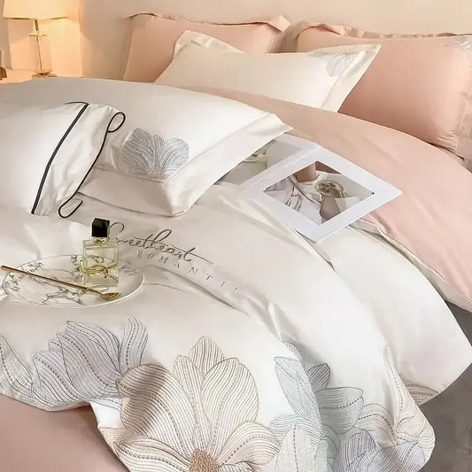 White satin duvet cover with silver floral embroidery and sweetheart romantic script in decorbites cotton king size bedding set