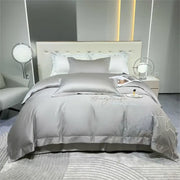Silver gray 1200tc embroidery egyptian cotton bedding set with delicate floral embroidery and elegant script detailing