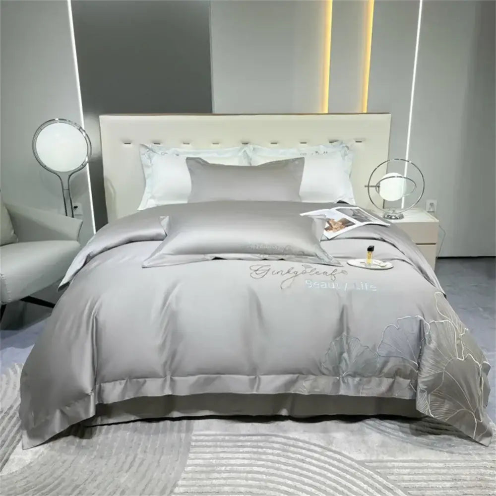 Silver gray 1200tc embroidery egyptian cotton bedding set with delicate floral embroidery and elegant script detailing