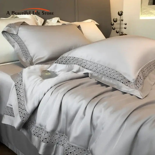 Silver gray eucalyptus fiber summer quilt bedding set with silver-gray satin and geometric lace trim for decorbites fiber summer quilt