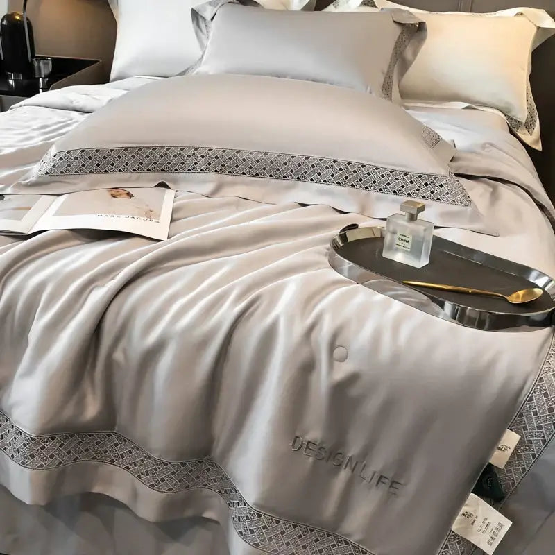 Silver gray eucalyptus fiber summer quilt set with silk-gray satin duvet and geometric lace trim for fiber summer quilt decorbites