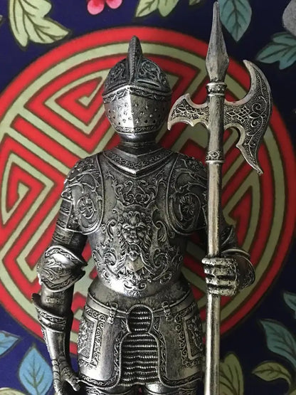 Silver-plated iron armored soldier knight figurine with intricate engraved armor and ornate axe for living room decorbites decor