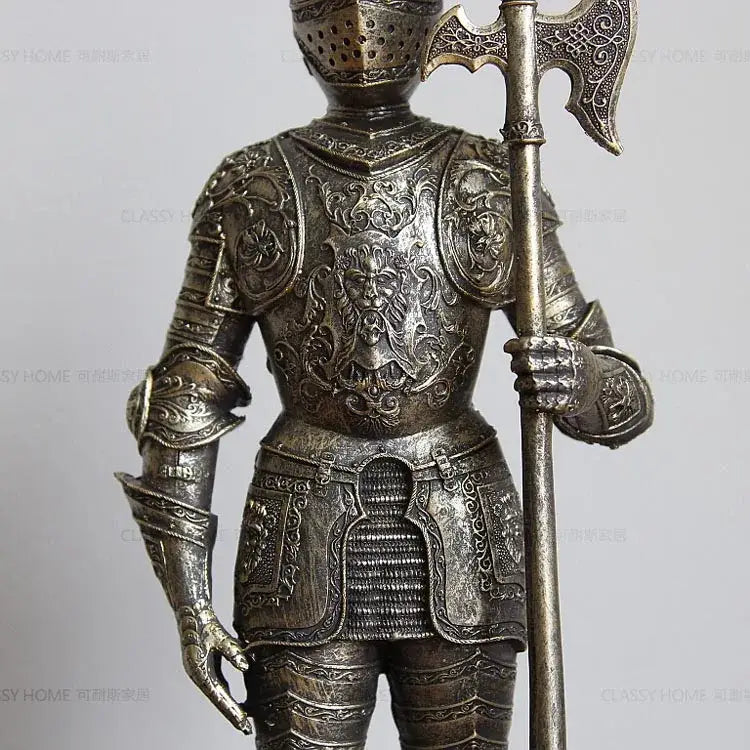 Detailed silver-toned decorbites iron armored soldier knight figurine holding an engraved axe for living room decor