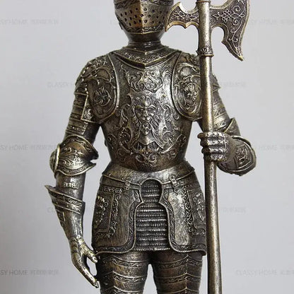 Detailed silver-toned decorbites iron armored soldier knight figurine holding an engraved axe for living room decor