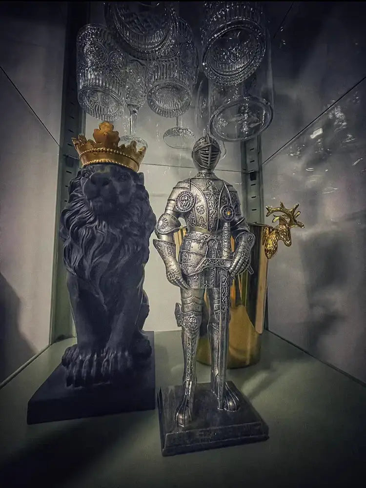 Silver-plated iron armored soldier knight figurine with intricate armor and golden crown for decorbites living room decor