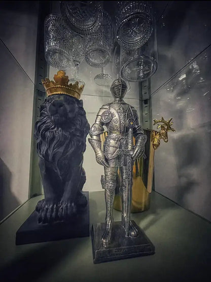 Silver-plated iron armored soldier knight figurine with intricate armor and golden crown for decorbites living room decor