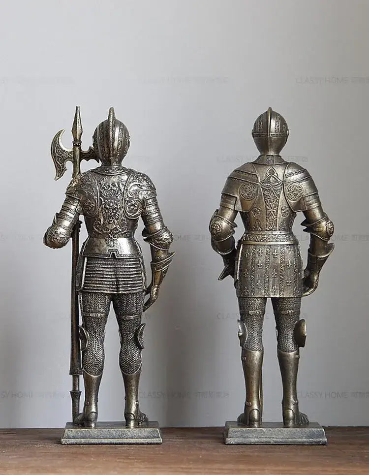 Two silver-toned iron armored soldier knight figurines one with battle axe decorbites living room decor