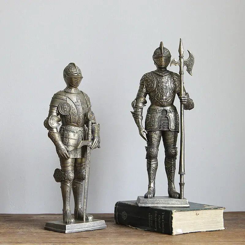 Two silver-toned decorbites iron armored soldier knight figurines with sword and axe for living room decor