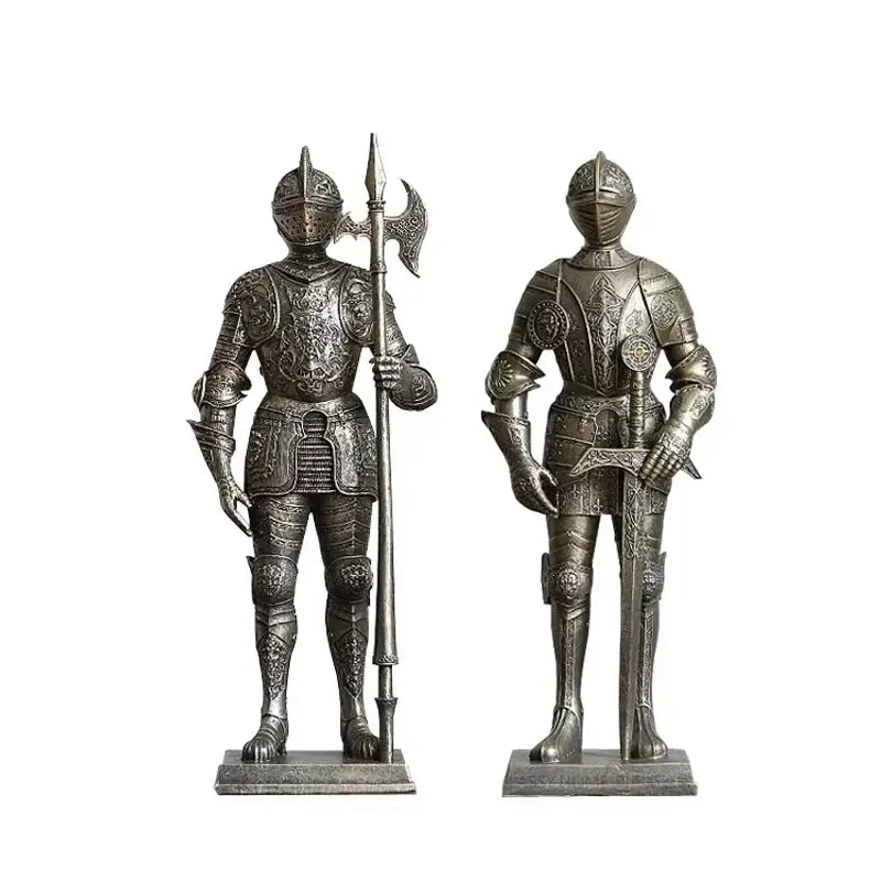 Two silver-toned decorbites iron armored soldier knight figurines with different weapons for living room decor