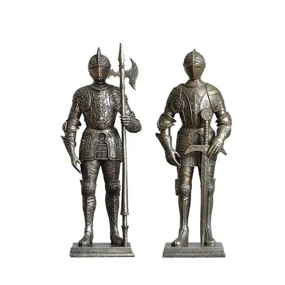 Two silver-toned decorbites iron armored soldier knight figurines with different weapons for living room decor