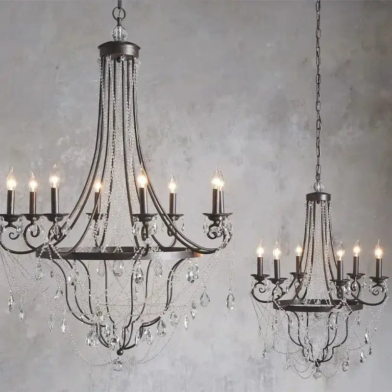 Black wrought iron pendant light with cascading clear crystal droplets by decorbites iron art for dining room decor