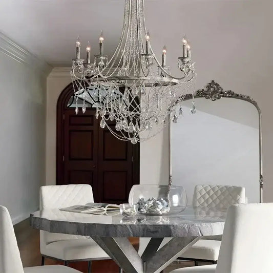 Silver iron art crystal pendant light with intricate metalwork and dangling teardrop crystals for dining room decorbites iron art