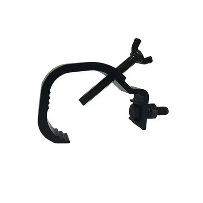 Black metal scaffold clamp with threaded bolt and wing nut for silver metallic aluminium light hook for led par moving head