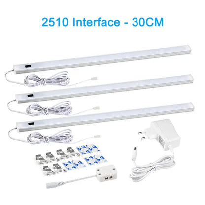 Three sleek white led strip cabinet lights with integrated power cords and pir motion sensor for living spaces