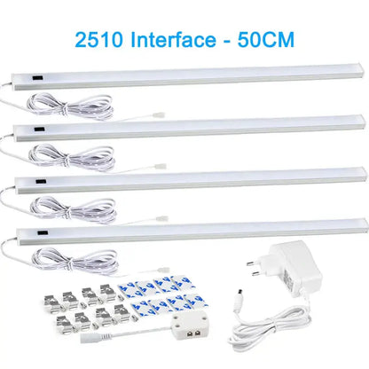 Four white 50cm led silver rectangular pir motion sensor cabinet lights with adapters for kitchen and living spaces
