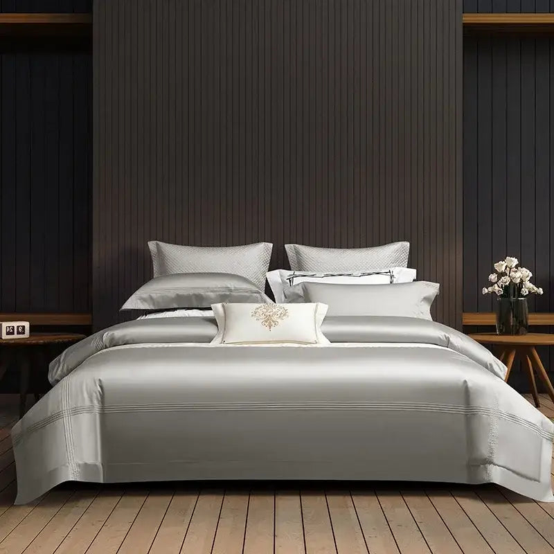 Silver satin bedspread with subtle embroidery in decorbites 1000tc egyptian cotton bedding set for luxury bedroom decor