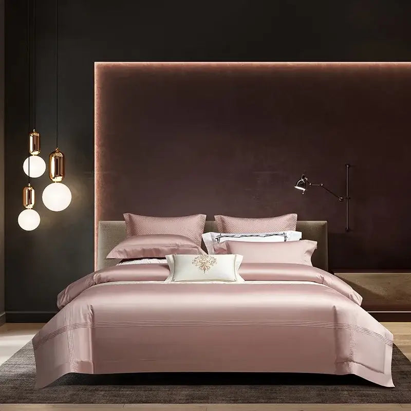 The silver satin egyptian cotton bedding set features a blush pink duvet with embroidered pillow from decorbites 1000tc egyptian