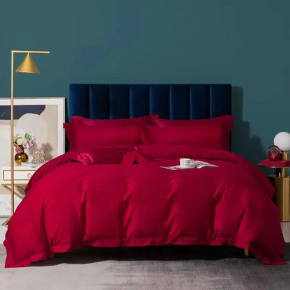 Rich crimson satin bedding set with matching pillows and navy blue velvet headboard with decorbites 1000tc egyptian cotton luxury silver satin set