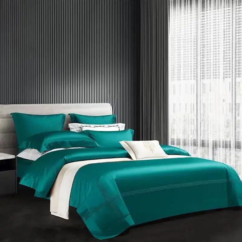 Teal satin duvet cover set with white accents and embroidered detailing in decorbites 1000tc egyptian cotton bedding set