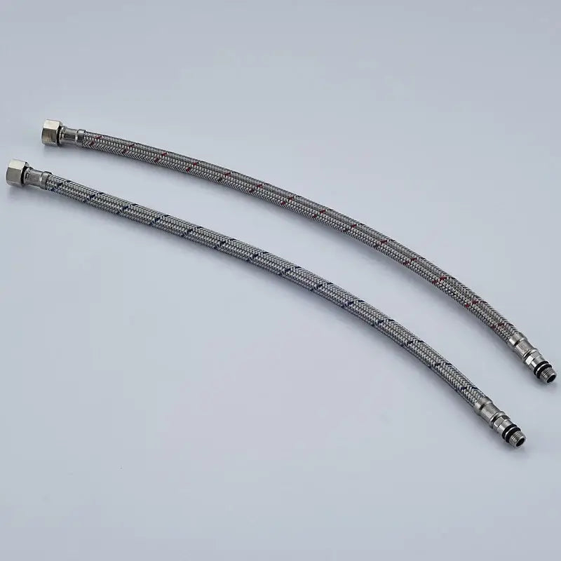 Two silver stainless steel braided plumbing hoses with threaded connectors for kitchen and bath steel faucet plumbing