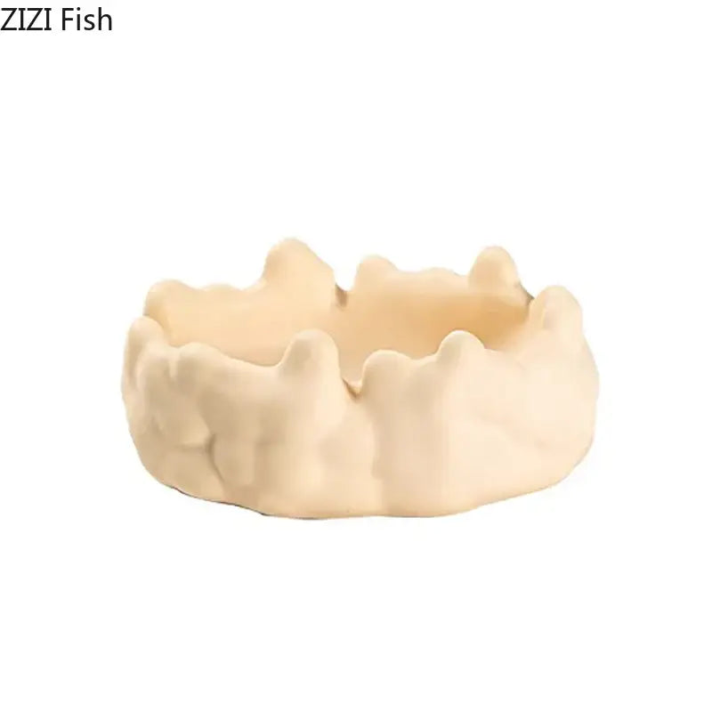 Cream-colored textured ceramic bubble clouds fish bowl with wavy rim for decorbites ceramic bubble decor and office use