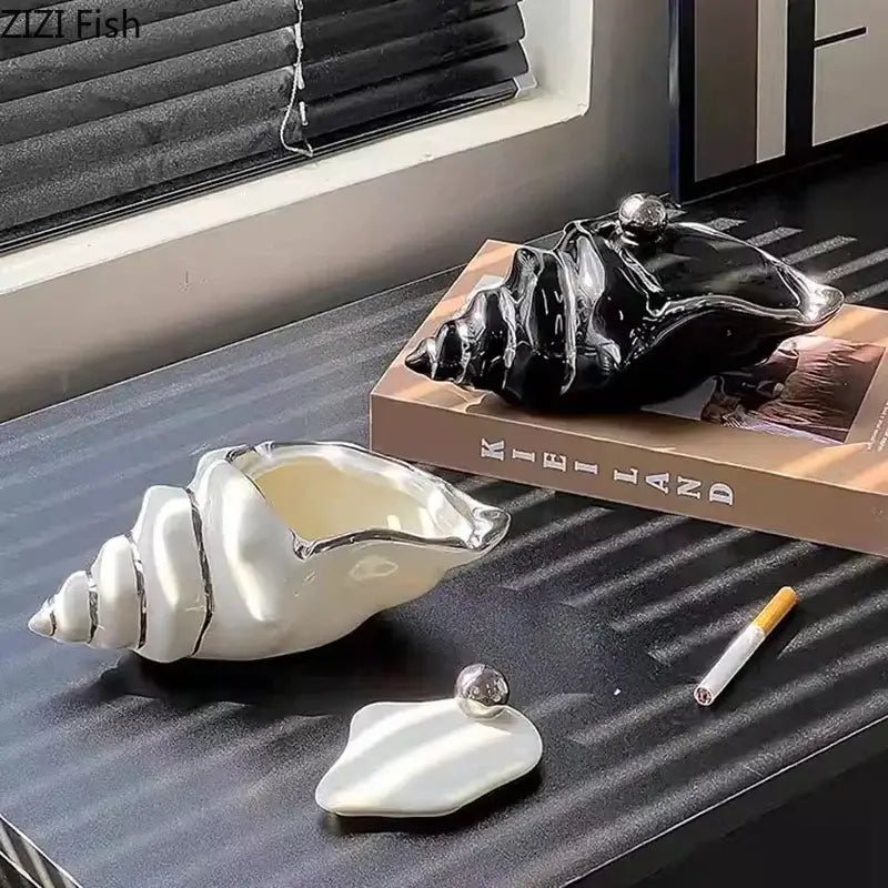 White ceramic conch ashtray with silver trim and lid decorbites conch ashtray for living room windproof decor