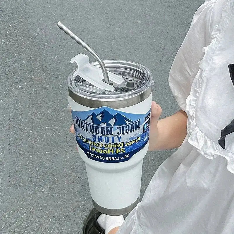 DecorBites™ Freeze Thermos Bottle Straw Stainless Steel Tumbler 30oz - Ice Mountain Cup - White / 900ML