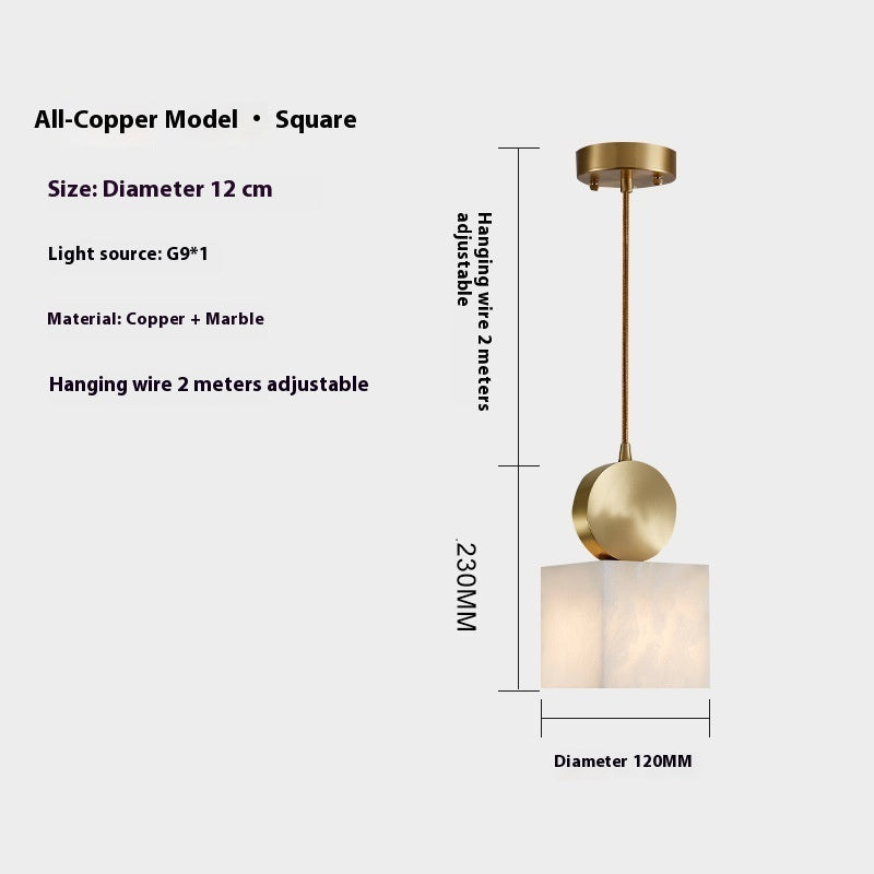 Gold square pendant light with marble accents and adjustable wire for bedroom or dining room 12cm diameter square
