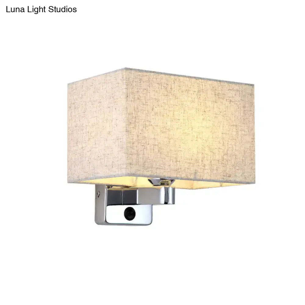 Simple beige fabric rectangular shade wall lamp with chrome finish mounted on wall for living room lighting