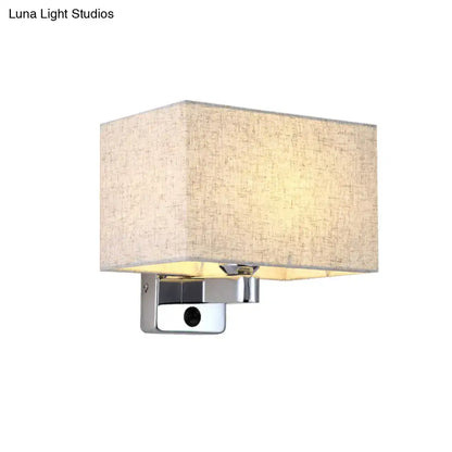 Simple beige fabric rectangular shade wall lamp with chrome finish mounted on wall for living room lighting