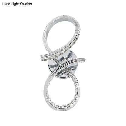 Silver infinity symbol simple led chrome wall sconce with cut crystal deco and warm white light for bedroom