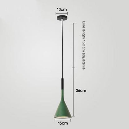 Simple single head chandelier featuring a green cone-shaped pendant light with black accents and adjustable cord