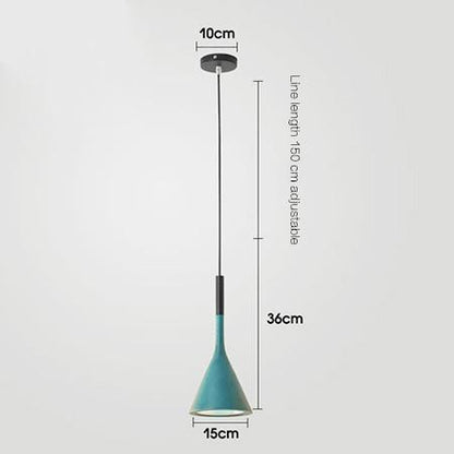 Teal cone-shaped pendant light with adjustable cord featuring modern design in a simple single head chandelier