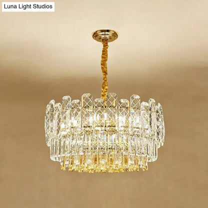 Decorbites™ rectangular drum crystal chandelier with 9 bulbs features clear faceted crystals and gold mount in simple style light type