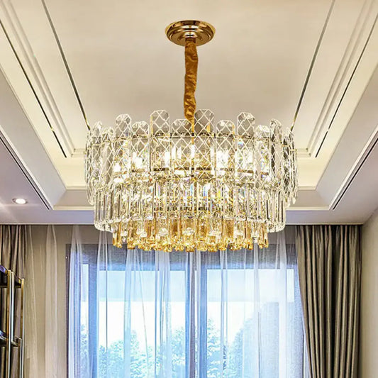 DecorBites™ rectangular drum crystal chandelier with nine bulbs gold-toned glass prisms and simple style light type
