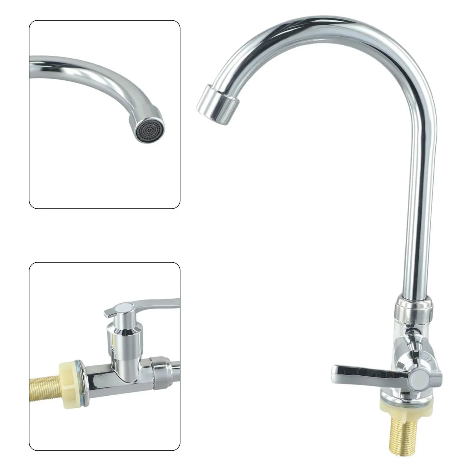 Chrome-finished single hole kitchen faucet single with curved spout and cross-handle controls for cold water use