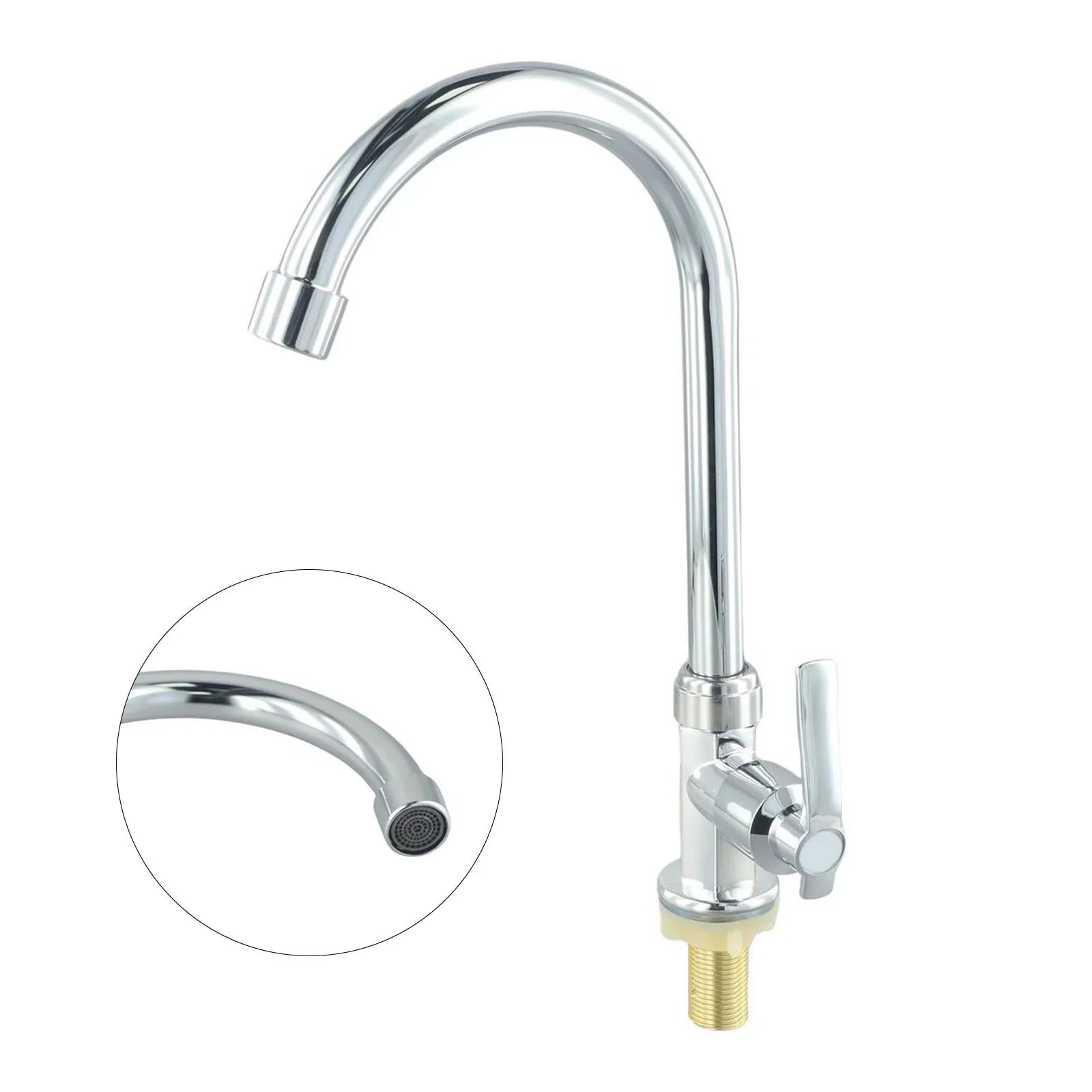 Chrome finished single hole kitchen sink faucet with curved spout, brass base, stainless steel lever handle for cold water