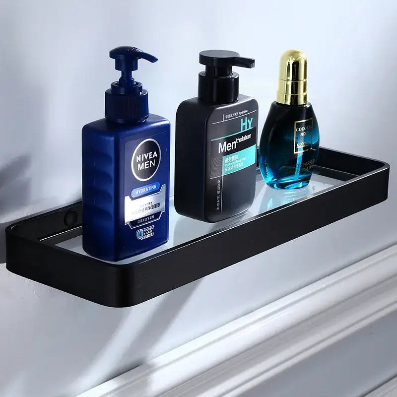 Sleek black aluminum glass shelf bathroom storage rack with modern design and sturdy metal frame by decorbites black aluminum