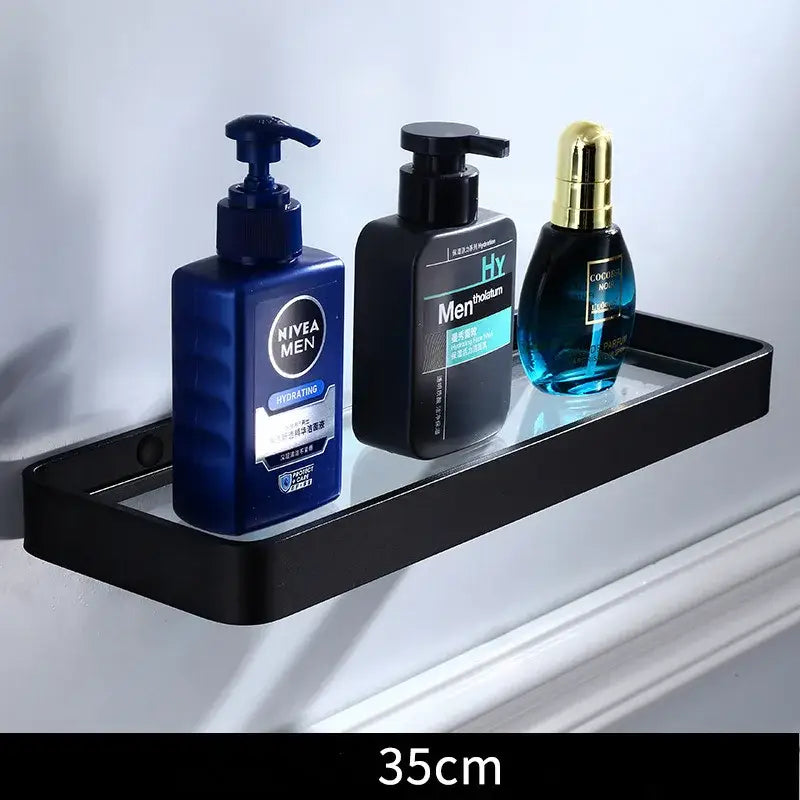 Sleek black aluminum glass shelf 35cm length designed for modern bathroom storage by decorbites black aluminum