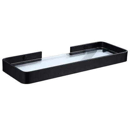 Sleek black aluminum glass shelf featuring a rectangular design with clear glass surface for bathroom storage decorbites black aluminum