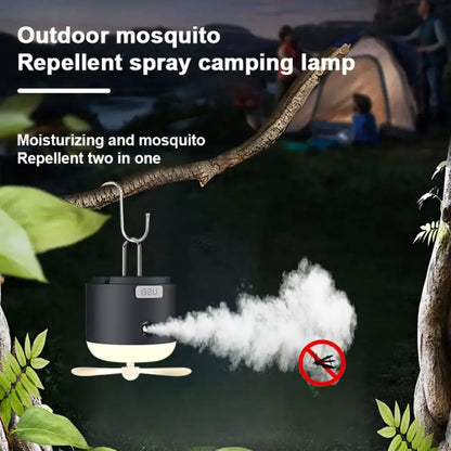 Sleek black and cream rechargeable led camping lantern with fan and hook emitting mist and mosquito-repelling spray