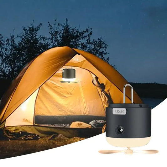 Sleek black and cream rechargeable led camping lantern with usb power metal hook and three-bladed fan base