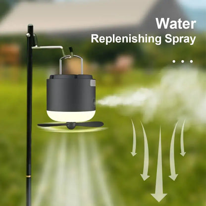 Black and white portable water replenishing spray with fan base featured in sleek black and cream rechargeable led camping lantern