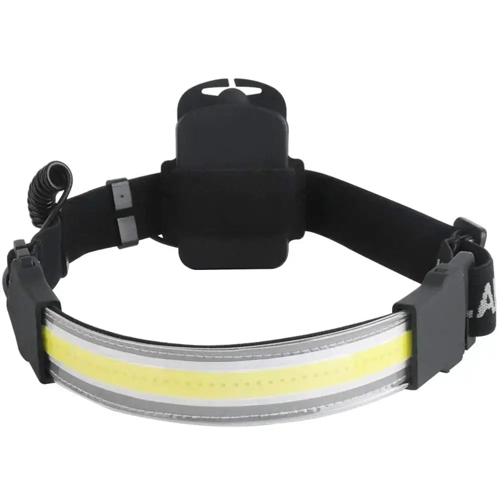 Sleek black and gray decorbites cob led sensor headlamp with adjustable strap featuring reflective yellow and silver stripes