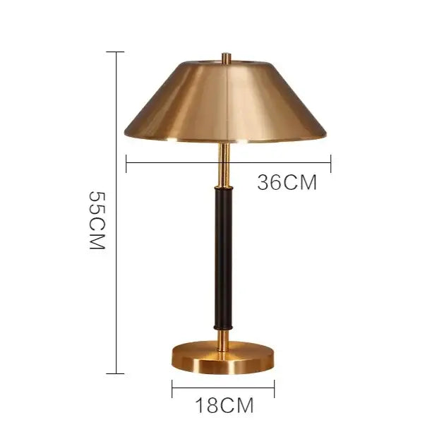 Brass-finished copper table lamp with conical shade and black central column for bedroom and living room decorbites table lamp