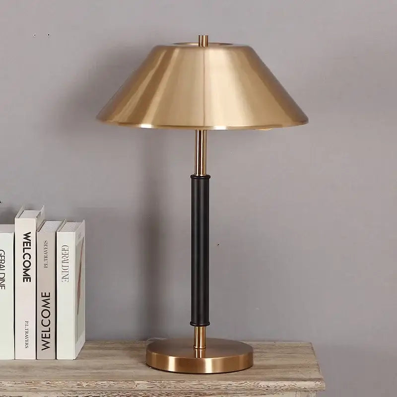A sleek brass and black copper table lamp with a conical shade for bedroom and living room decorbites copper table use