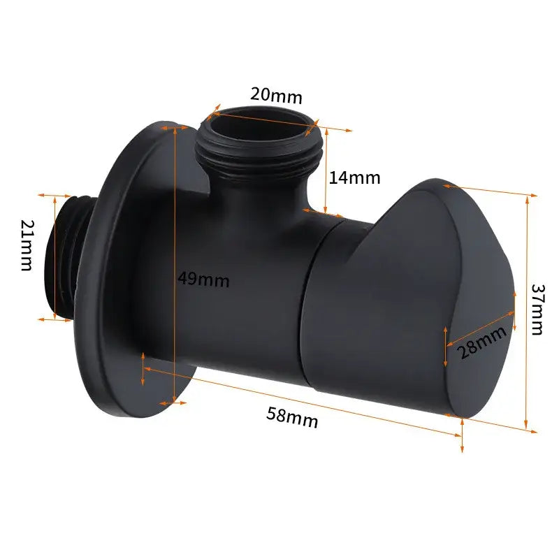 Black matte corner valve with precise dimensions for water control in sleek brushed gold bathroom tap design