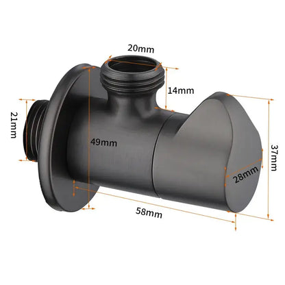 Black matte brass corner valve with threaded connections for water control in sleek brushed gold bathroom tap design