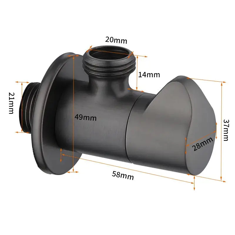 Black matte brass corner valve with threaded connections for water control in sleek brushed gold bathroom tap design