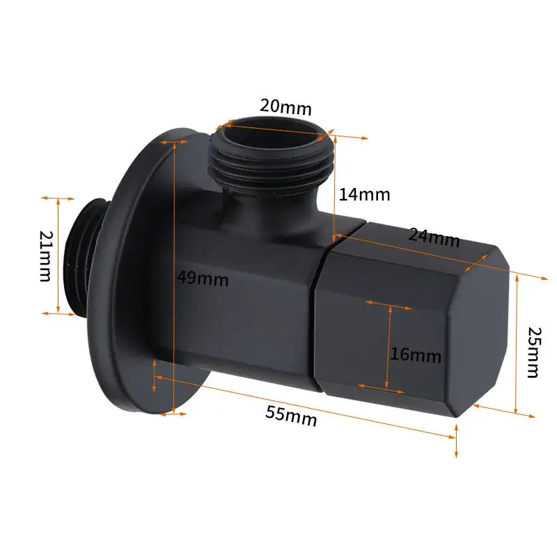 Black matte brass angled valve with threaded connections and hexagonal body for brushed gold corner valve water control tap